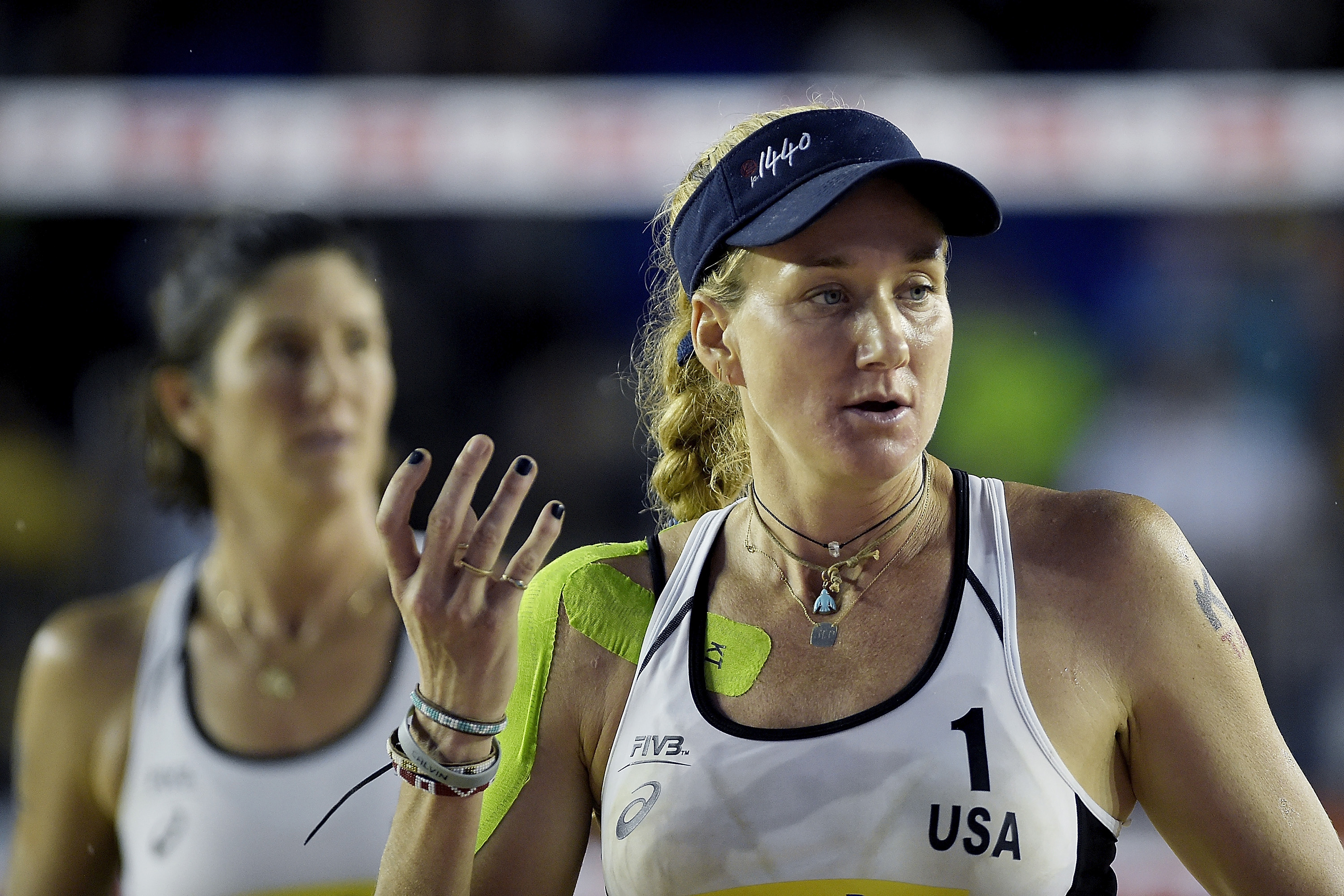 ITAPEMA, BRAZIL - MAY 18: Kerri Walsh Jennings and Nicole Branagh of United States in action during the main draw match against Carolina Solberg Salgado and Maria Antonelli of Brazil at Meia Praia Beach during day one of the FIVB Beach Volleyball World Tour Itapema on May 18, 2018 in Itapema, Brazil. (Photo by Alexandre Loureiro/Getty Images)