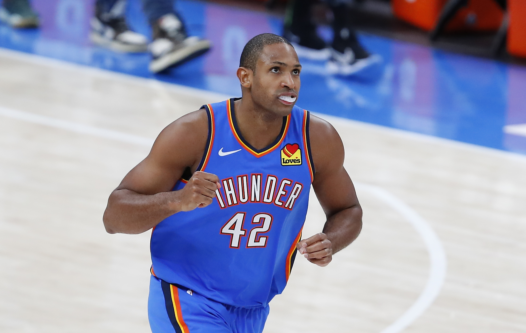 Feb 5, 2021; Oklahoma City, Oklahoma, USA; Oklahoma City Thunder center Al Horford (42) reacts after scoring against the Minnesota Timberwolves in the second half at Chesapeake Energy Arena. Minnesota won 106-103. Mandatory Credit: Alonzo Adams-USA TODAY Sports