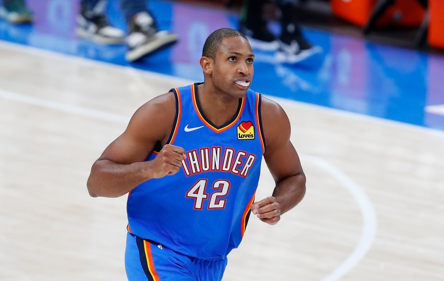 Feb 5, 2021; Oklahoma City, Oklahoma, USA; Oklahoma City Thunder center Al Horford (42) reacts after scoring against the Minnesota Timberwolves in the second half at Chesapeake Energy Arena. Minnesota won 106-103. Mandatory Credit: Alonzo Adams-USA TODAY Sports