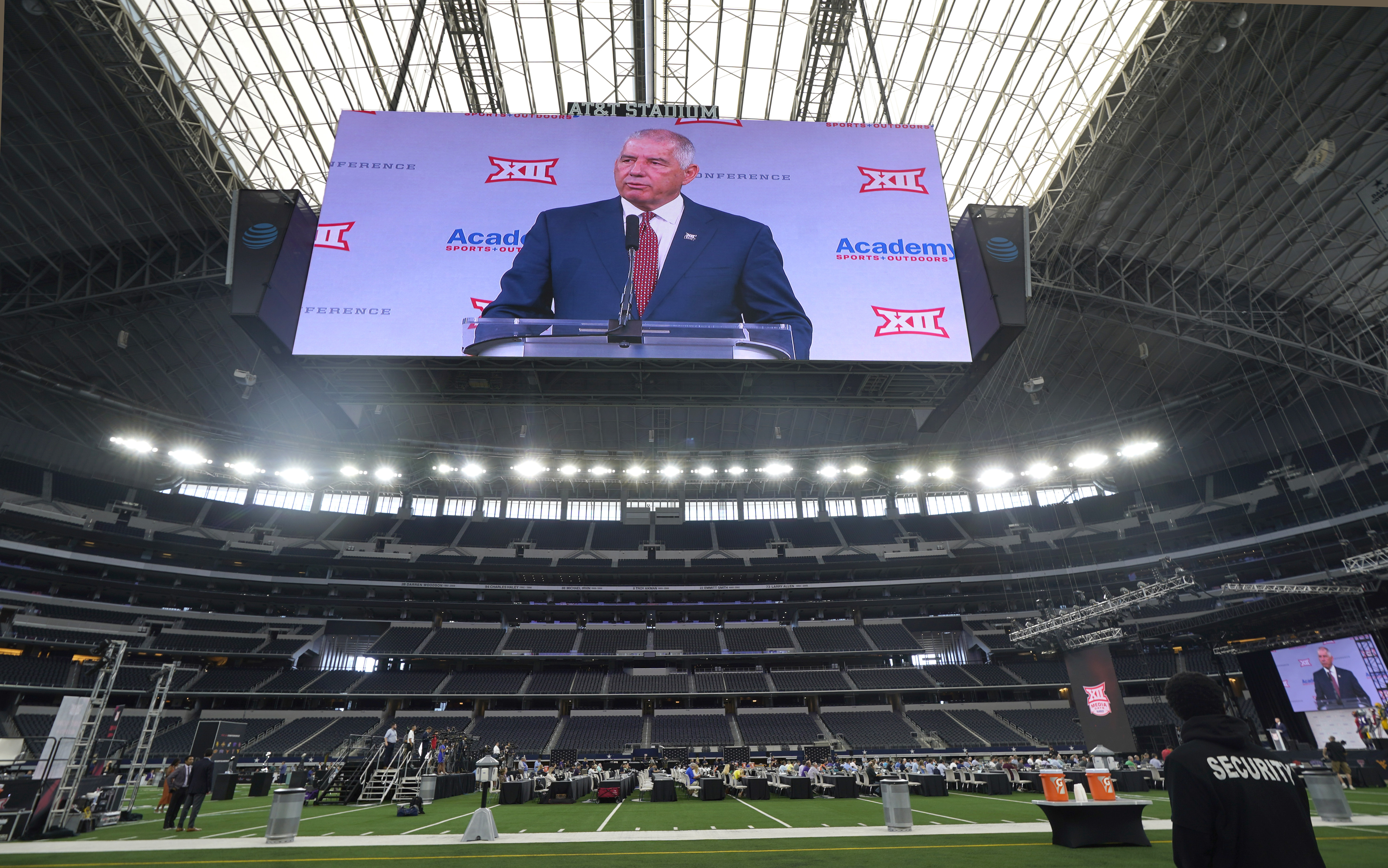 Big 12 commissioner Bob Bowlsby is shown on the giant screen as he speaks during NCAA college football Big 12 media days