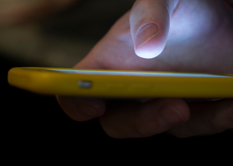 FILE - In this Aug. 11, 2019, file photo, a man uses a cellphone in New Orleans. Most Americans don’t believe that their personal information is secure online and aren't satisfied with the federal government's efforts to protect it, according to a new poll by The Associated Press-NORC Center for Public Affairs Research and MeriTalk. (AP Photo/Jenny Kane, File)