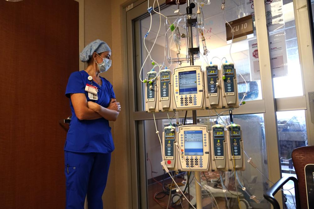 FILE - In this Aug. 17, 2021, file photo, nursing coordinator Beth Springer looks into a patient's room in a COVID-19 ward at the Willis-Knighton Medical Center in Shreveport, La. A decline in COVID-19 cases in the United States over the last several weeks has given overwhelmed hospitals some relief, but administrators are bracing for yet another possible surge as cold weather drives people indoors. (AP Photo/Gerald Herbert, File)