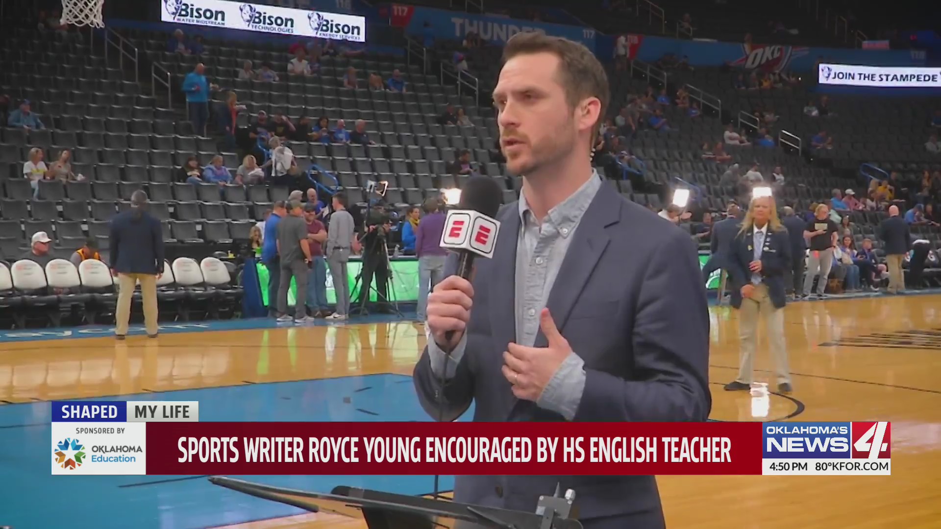 Sports writer Royce Young reports for ESPN at Oklahoma City Thunder basketball game