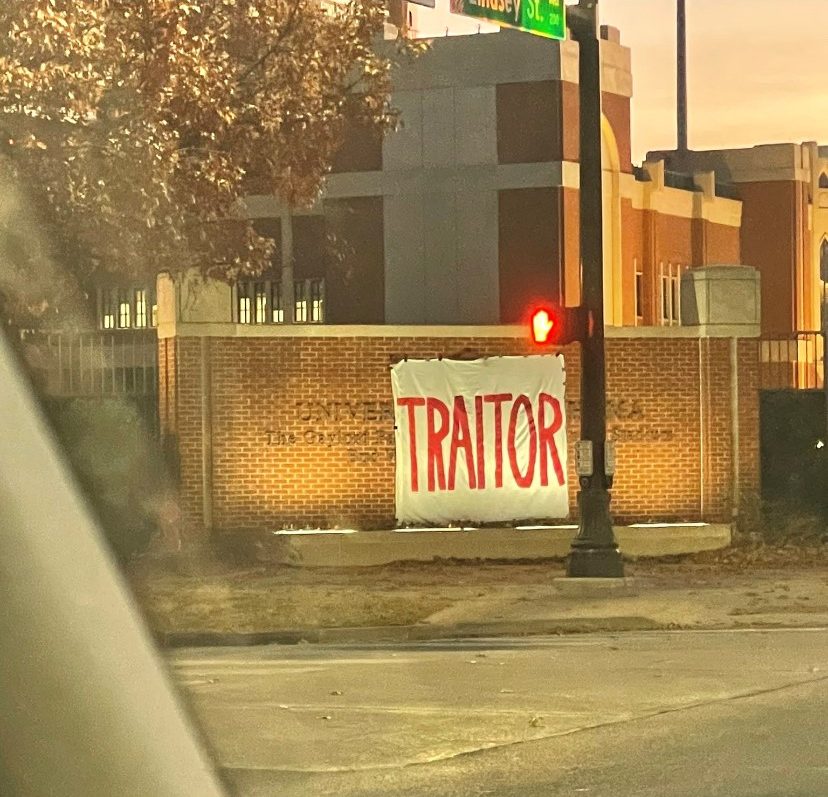 Sign over OU's marquee says 'traitor'