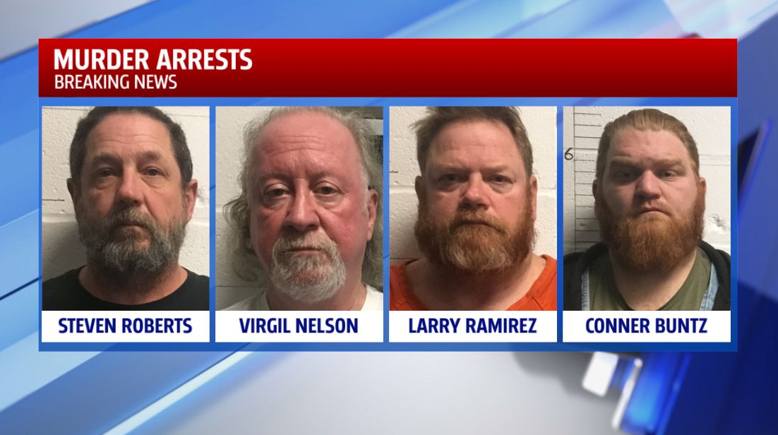 Mugshots of four men arrested in connection to a Marine's shooting death while riding his motorcycle near Harrah